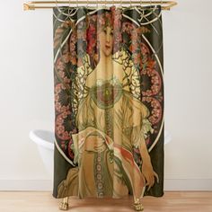 a shower curtain with an image of a woman in a dress and flowers on it