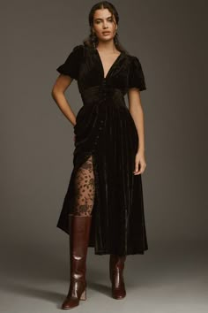 The Katerina Button-Front Dress: Velvet Edition | Nuuly Velvet Midi Dress, Whimsy Goth, Dress Velvet, Button Front Dress, Anthropologie Dress, Petite Dresses, Fall Winter Fashion, Wedding Guest Outfit, Velvet Dress