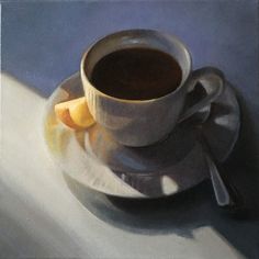 a painting of a cup of coffee and some orange slices on a saucer with a spoon