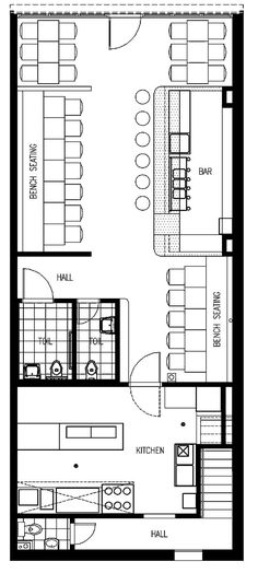 the floor plan for a restaurant with seating areas and kitchenette, as well as a dining