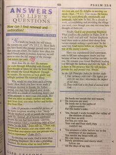 an open bible with the words answers to life's questions