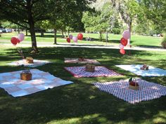 some picnic blankets and balloons in the grass