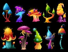 a set of colorful mushrooms and plants on a black background