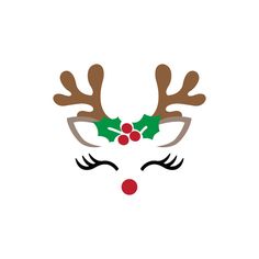 a reindeer's nose with holly and red berries on its antlers for christmas