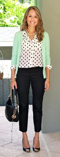 Today's Everyday Fashion: Mint Polka Dots Black Cropped Trousers, Ray Ban Wayfarer, Cute Spring Outfits, Polka Dot Blouse, 가을 패션