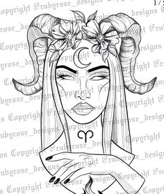 a drawing of a woman with horns and flowers on her head, in black and white