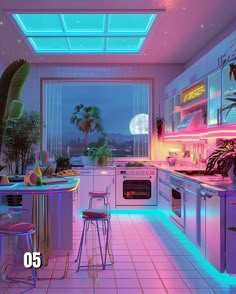 an image of a kitchen setting with neon lights on the ceiling and countertops