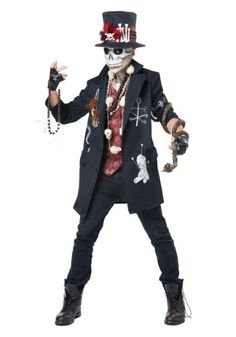 a man dressed up as a skeleton wearing a top hat and holding two hands in the air