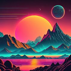 the sun is setting over mountains and water with planets in the sky above it, as seen from an alien land