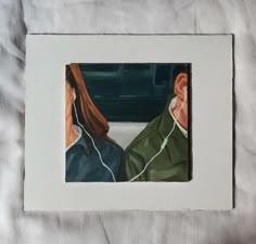 a painting of two people sitting next to each other with headphones in their ears