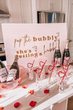 the bachelorette themed party, the final rose, custom mimosa bar, rose petals, custom wine labels, pop the bubbly she's getting a hubby, champagne, heart straws, custom mimosa flutes, bachelorette weekend decor, decor ideas, Bachelorette Diy, Pop The Bubbly, Bridal Shower Inspo, Nashville Bachelorette Party, Bridal Shower Planning