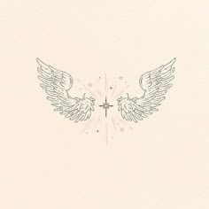 a drawing of two wings with a cross in the middle on a light pink background