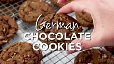 german chocolate cookies on a cooling rack with text overlay that reads, german chocolate cookies