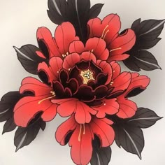 a red flower with black leaves on it's petals and some gold in the center