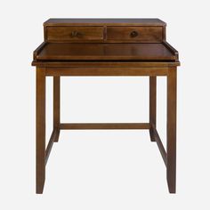 a small wooden desk with two drawers on the top and one drawer at the bottom