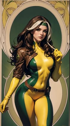 a woman dressed in yellow and green is posing for the camera with her hands on her hips