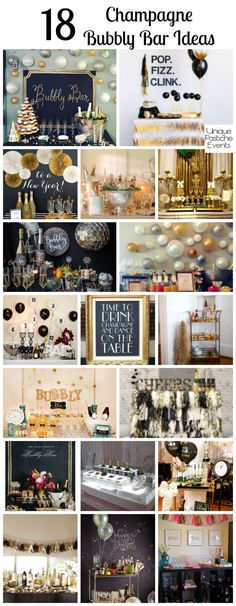 a collage of images with black and gold decorations, champagnes, cake pops, and more