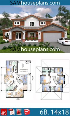 two story house plan with three car garages and an open floor plan for the first level