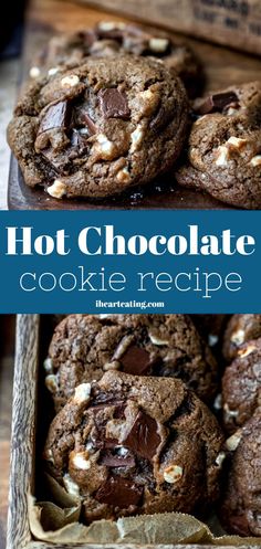 chocolate cookies in a box with the words hot chocolate cookie recipe on top and bottom