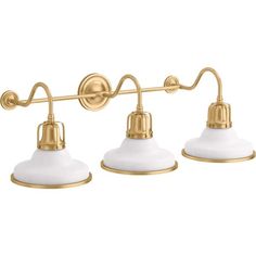 three light bathroom fixture in gold with white glass shades on the sides and an adjustable arm