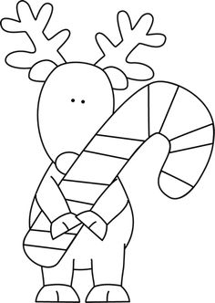 a reindeer holding a candy cane in it's mouth and wearing a scarf around its neck