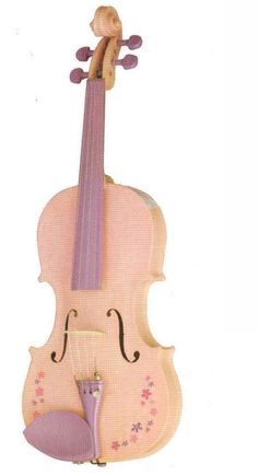 a pink violin is hanging from the side of it's body and has a purple bow