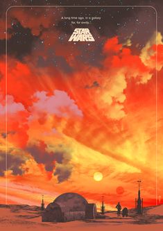 the poster for star wars is shown in front of an orange sky with clouds and stars