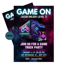 a flyer for a game party with a truck on the front and back side, in neon colors