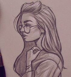 a pencil drawing of a woman with glasses