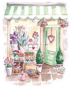 a watercolor painting of a flower shop with potted plants