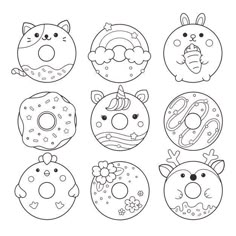 six donuts with different designs on them, each one is drawn in black and white