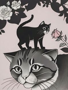 a black and white drawing of two cats standing on top of each other with roses in the background