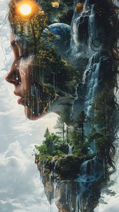 a woman's face with trees and waterfalls in the background, surrounded by clouds