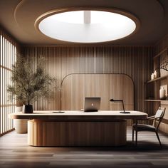 a laptop on a desk in a room with wooden paneling and shelves filled with plants