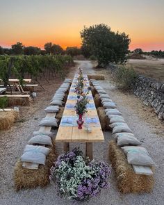 a long table with pillows on it in the middle of a field