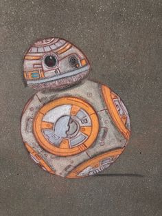 a drawing of a star wars bbg character on the ground with chalk pastel