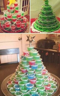 a christmas tree made out of cupcakes and candy cups is shown in three different pictures