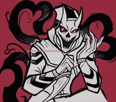 a drawing of a demon with horns on his head and hands in front of him