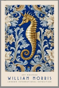 a blue and gold book cover with a sea horse on it