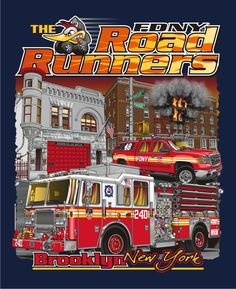 a firetruck is parked in front of a building with the words road runners on it