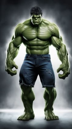 the incredible hulk is standing in front of a dark background with his hands on his hips