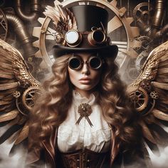 a woman in steampunk clothing with wings and a top hat