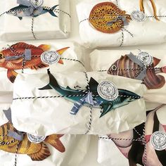 several different types of fish wrapped in white paper with twine and string tied around them