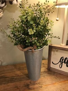 a potted plant sitting on top of a wooden table next to a framed sign