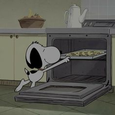 a cartoon dog reaching into an oven with pizza in it's door and pulling the pan out