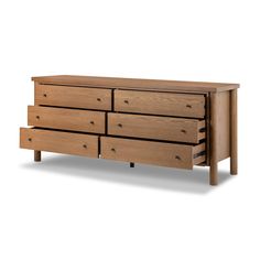 a wooden dresser with four drawers and one drawer on the bottom, against a white background