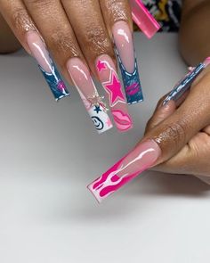 Medium Freestyle Nails, Nails Acrylic Y2k, Medium Nails Acrylic, Uni Nails, Groovy Nails, Boujee Nails, Freestyle Nails, Summer Sets, Medium Nails