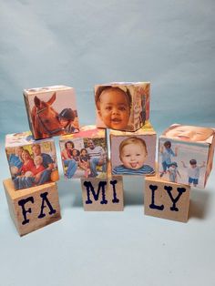 wooden blocks spelling the word family with pictures of babies