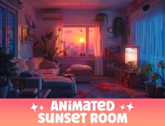 an animated sunset room is shown in this image