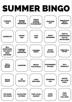 a black and white poster with the words summer bingo written in different font styles